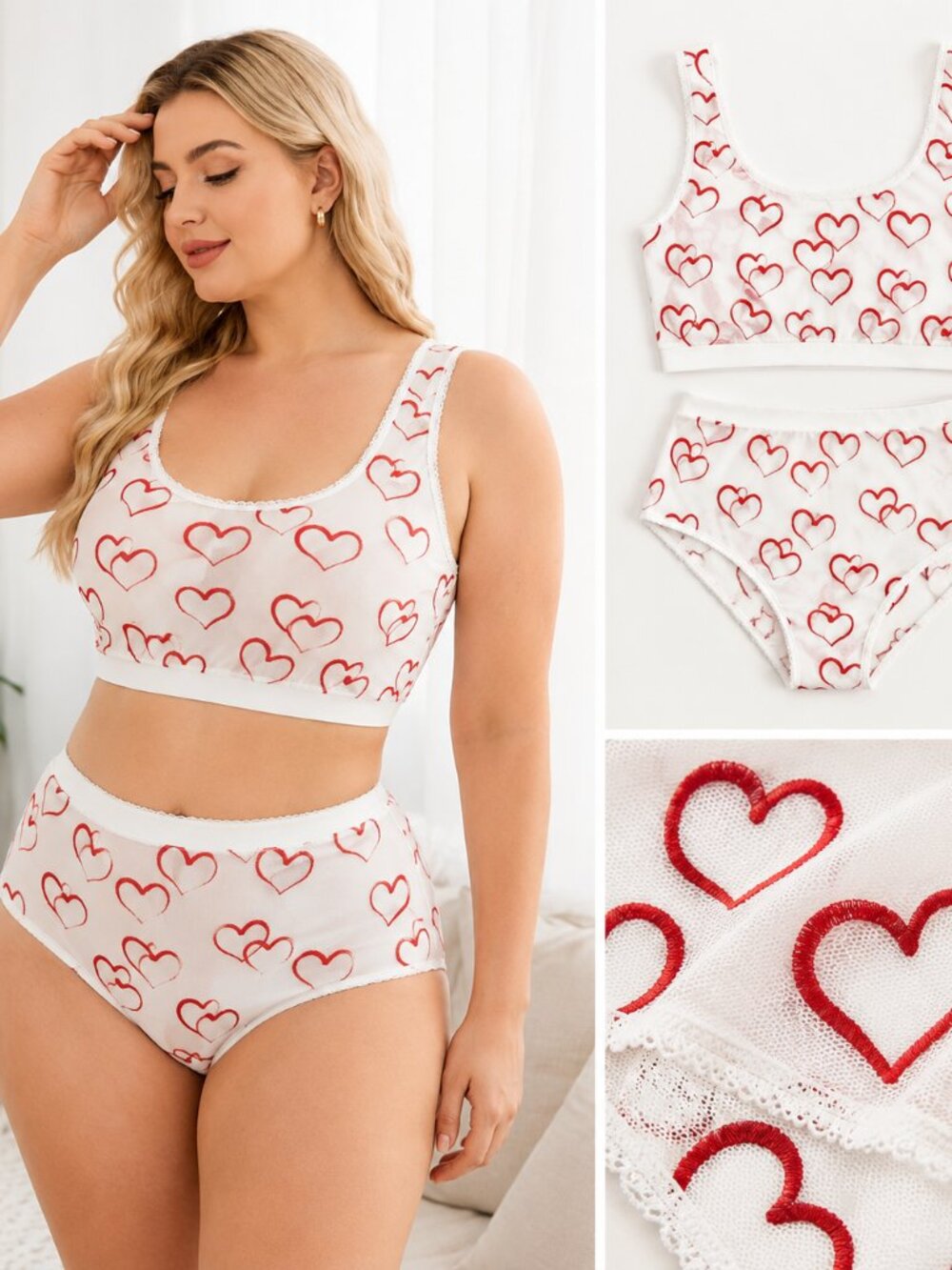 Plus Size Heart Embroidered Mesh Lingerie Set White Red Valentine's Bra Panty 1X